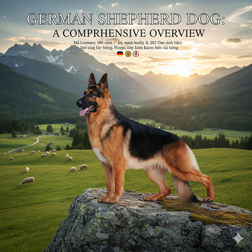 Chó Becgie Đức đứng trên mỏm đá, phía sau là thung lũng xanh, đàn cừu và dãy núi hùng vĩ, phía trên là dòng chữ German Shepherd Dog: A Comprehensive Overview