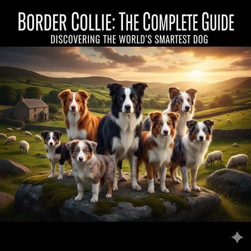 Giống chó Border Collie chăn cừu đứng trên đồng cỏ xanh lúc hoàng hôn