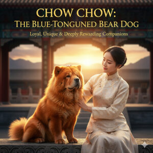 Giống chó Chow Chow mặt gấu, lông xù và lưỡi xanh độc lạ bên cạnh cô gái trong bối cảnh cổ phong