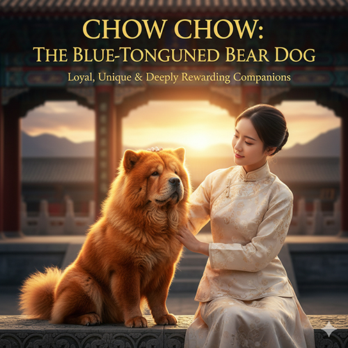 Giống chó Chow Chow mặt gấu, lông xù và lưỡi xanh độc lạ bên cạnh cô gái trong bối cảnh cổ phong