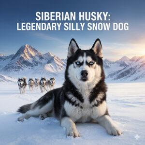 Husky Sibir nằm trên tuyết với đàn kéo xe phía sau trong khung cảnh núi tuyết hùng vĩ