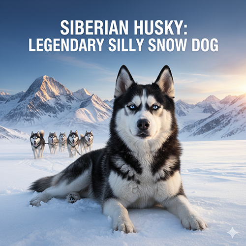 Husky Sibir nằm trên tuyết với đàn kéo xe phía sau trong khung cảnh núi tuyết hùng vĩ