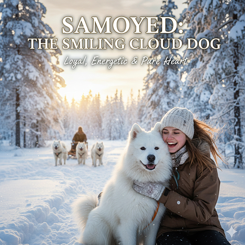 Giống chó Samoyed chó Sam trắng tuyết quấn chủ và giàu năng lượng giữa rừng tuyết