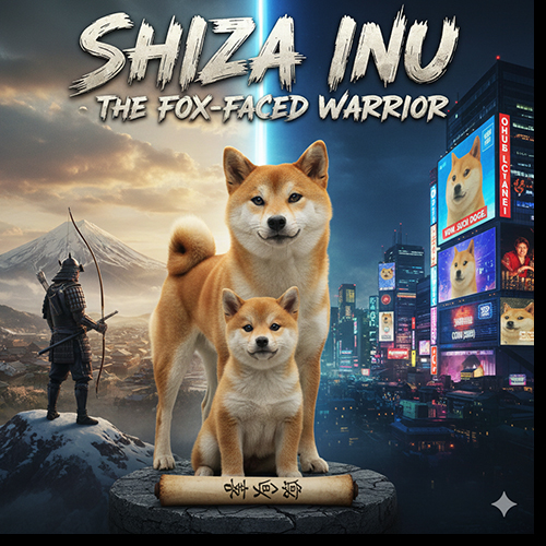 Giống chó Shiba Inu chiến binh mặt cáo từ Nhật Bản đứng nổi bật giữa khung cảnh samurai và thành phố hiện đại