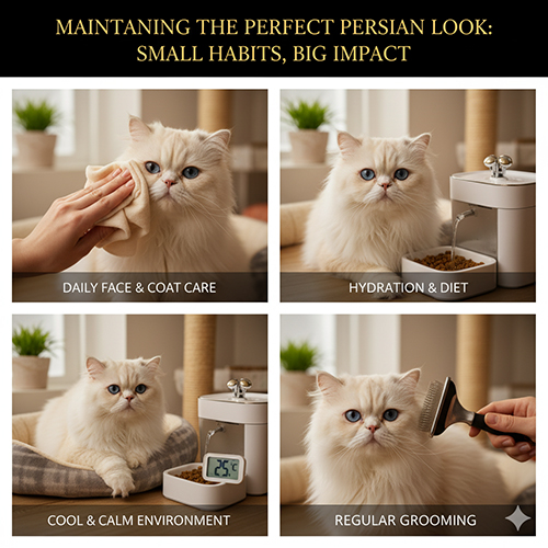 Bộ ảnh bốn thói quen giúp giữ form mèo Ba Tư gồm lau mặt, cấp nước đúng, môi trường mát và chải lông đều.