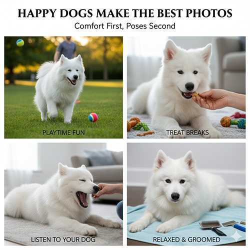 Giữ Samoyed thoải mái khi chụp ảnh với chơi đùa, thưởng snack và nghỉ ngơi đúng lúc