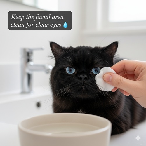 Mèo Ba Tư lông đen mắt xanh được chủ dùng bông gòn lau khóe mắt bên cạnh bồn rửa, phía trước là bát nước