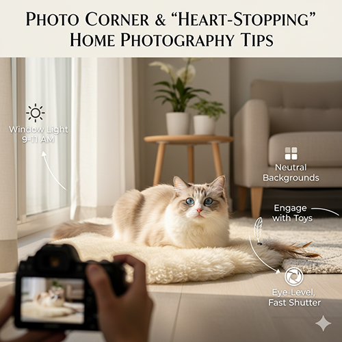 Mèo Ragdoll nằm trên thảm cạnh cửa sổ, minh họa mẹo chụp ảnh tại nhà với ánh sáng tự nhiên và phông nền trung tính.