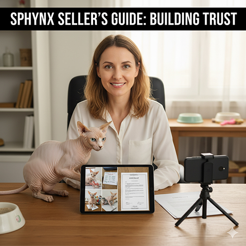 người bán đang quay video thật cho mèo Sphynx con trong văn phòng, có hồ sơ tiêm và hợp đồng minh họa bán mèo uy tín