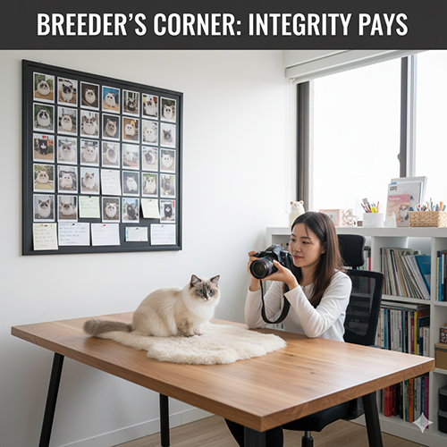 Người bán đang chụp ảnh mèo Ragdoll trong phòng làm việc gọn gàng, phía sau là bảng ảnh khách nhận mèo tạo sự tin cậy.