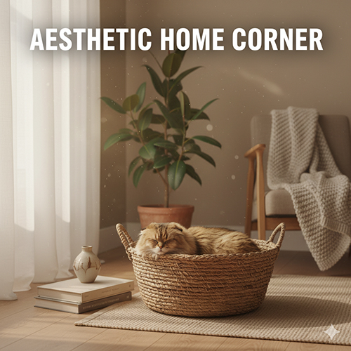 Mèo tai cụp Scottish Fold màu vàng nằm ngủ trong giỏ mây giữa góc nhà phong cách Japandi với tường be, rèm sheer và đồ gỗ sáng.