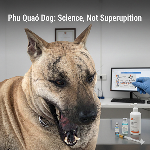 Chó Phú Quốc lông vện trong phòng khám thú y, hé miệng để lộ sắc tố lưỡi đen, cạnh là dụng cụ xét nghiệm và tiêm phòng