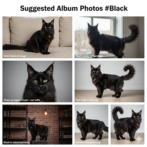 Bộ gợi ý ảnh Maine Coon đen gồm solid black trên nền be, black smoke backlight, cận đầu vuông, full-body đuôi dài, setup industrial/retro và ảnh trước–sau grooming