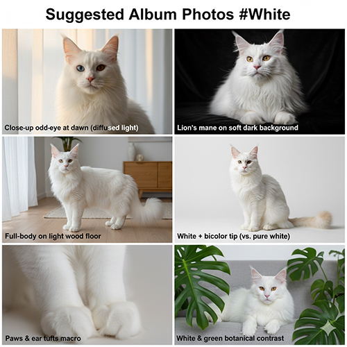 Bộ gợi ý ảnh mèo Maine Coon trắng gồm cận mắt odd-eye, bờm sư tử nền tối, full-body nền gỗ sáng, trắng pha bicolor, macro chân và tương phản nền xanh lá