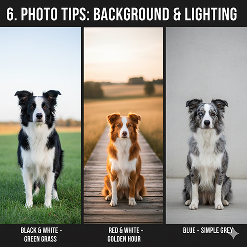 Hình ảnh gợi ý background và ánh sáng phù hợp khi chụp chó Border Collie theo màu lông