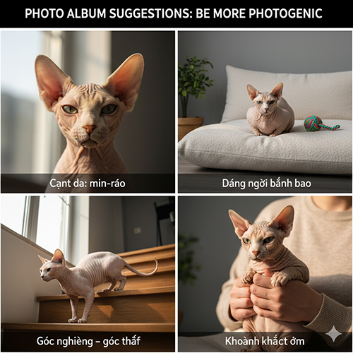 Bốn hình mèo không lông với các kiểu chụp như cận da, dáng ngồi bánh bao, góc nghiêng – góc thấp và khoảnh khắc ôm, minh họa gợi ý album