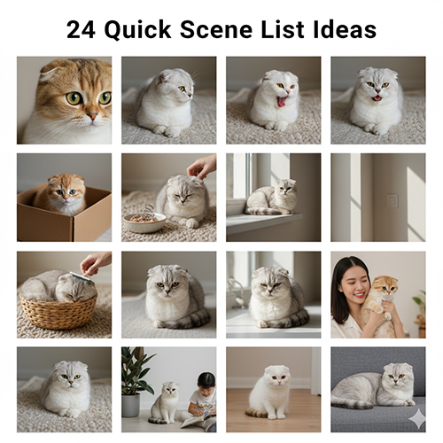 Bộ ảnh gợi ý 24 scene chụp mèo tai cụp Scottish Fold trong nhiều bối cảnh khác nhau như nằm giỏ, ngồi hộp, bệ cửa sổ, chụp với người và đồ chơi.