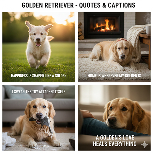 Hình chó Golden Retriever với bốn khoảnh khắc kèm caption: chạy vui, nằm bên lò sưởi, ngậm đồ chơi và tựa vào chủ