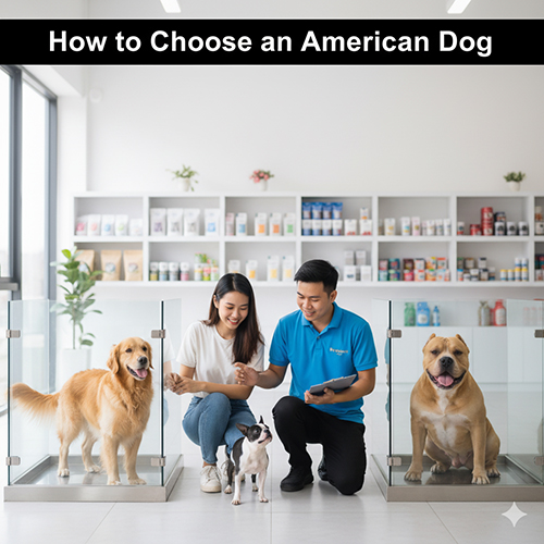 Gợi ý chọn chó Mỹ theo nhu cầu – hình ảnh nhân viên cửa hàng thú cưng tư vấn cho cặp đôi chọn giữa các giống chó Mỹ như Golden Retriever, Boston Terrier và Bully.