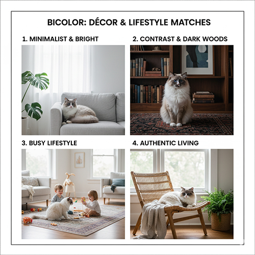 Bốn bối cảnh nội thất khác nhau với mèo Ragdoll bicolor: nhà tối giản, không gian gỗ đậm, gia đình bận rộn và góc sống thật