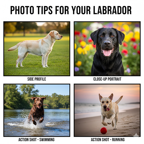 Gợi ý các góc chụp ảnh đẹp cho chó Labrador như chụp ngang thân cận mặt và khi vận động