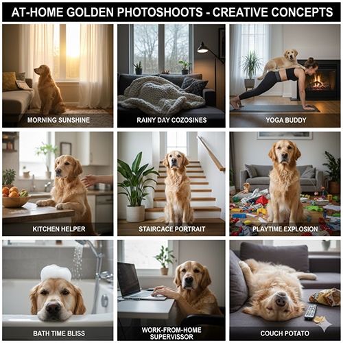 Hình chó Golden Retriever với nhiều concept chụp ảnh tại nhà: sáng sớm, ngày mưa, yoga, bếp, cầu thang, chơi đồ, tắm, làm việc và thư giãn