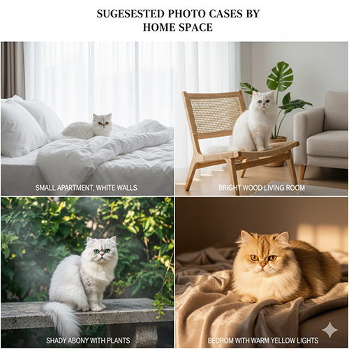 Bộ case chụp mèo Ba Tư theo không gian nhà: high-key phòng trắng, phòng khách gỗ sáng, ban công râm nhiều cây và phòng ngủ đèn vàng