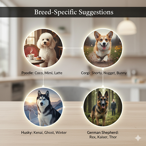Gợi ý đặt tên theo giống chó – ví dụ Poodle, Corgi, Husky, German Shepherd với các tên phù hợp tính cách và ngoại hình
