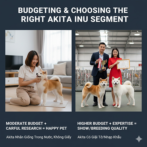 Gợi ý phân khúc mua chó Akita Inu theo ngân sách với hình Akita nội không giấy và Akita có giấy/nhập khẩu