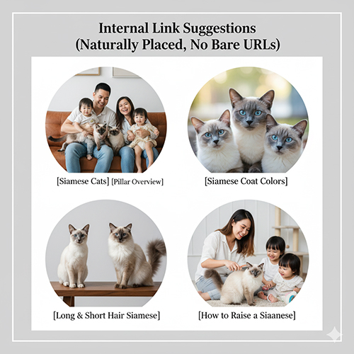 Gợi ý liên kết nội bộ cho cụm bài mèo Xiêm – pillar, màu lông, cách nuôi, lông dài và giá bán
