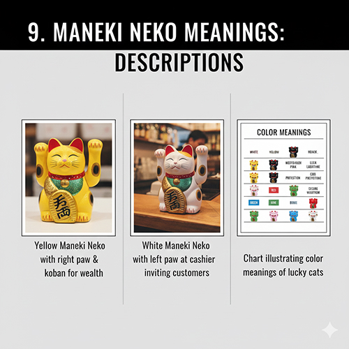 Các hình ảnh Maneki Neko gồm mèo thần tài vàng tay phải chiêu tài, mèo trắng tay trái mời khách và bảng ý nghĩa màu sắc