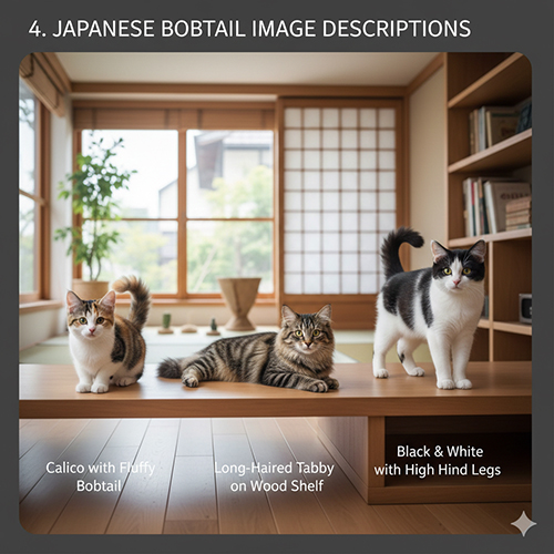 Các kiểu mèo Japanese Bobtail gồm tam thể đuôi xòe, tabby lông dài và trắng đen chân sau cao