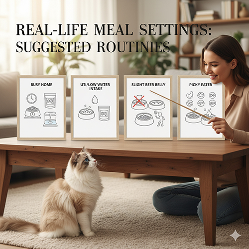 Gợi ý cách “set bữa” cho mèo Ragdoll theo từng tình huống như nhà bận, từng UTI, bụng bia hoặc mèo kén ăn