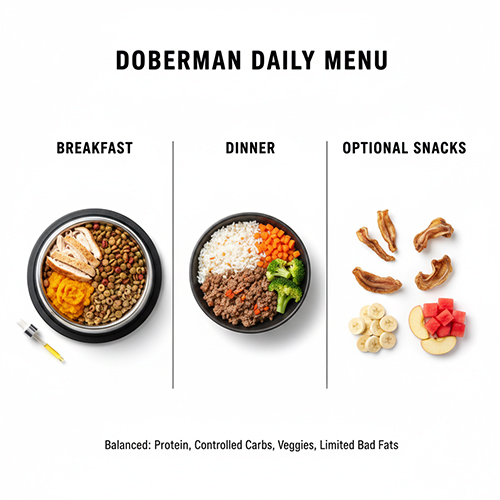 Thực đơn một ngày cho chó Doberman gồm bữa sáng, bữa chiều và snack lành mạnh