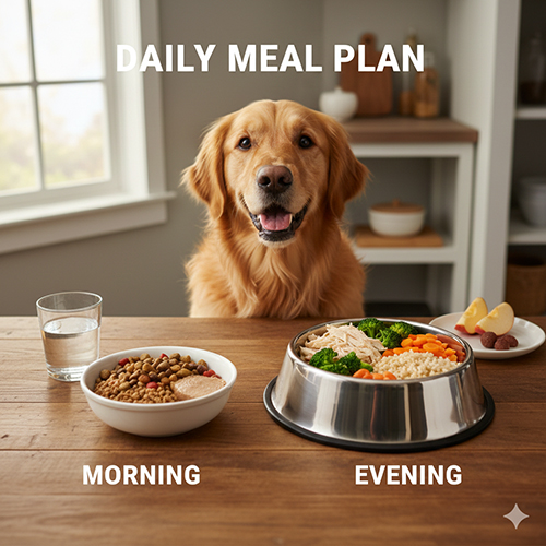 Chó Golden bên bàn ăn với thực đơn sáng gồm hạt và tối gồm thịt rau củ được chia khẩu phần rõ ràng