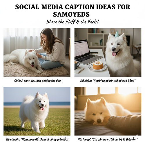 Gợi ý viết caption cho hình chó Samoyed với phong cách vui nhộn, chill và cảm xúc nhẹ nhàng