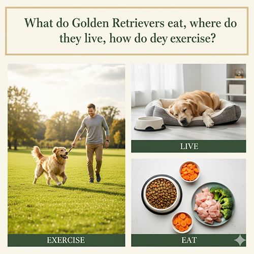 Infographic tóm tắt chó Golden Retriever ăn gì, sống ở đâu và vận động thế nào với ba ô minh họa exercise, live, eat