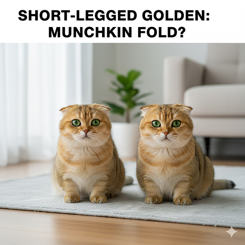 Hai mèo Scottish Fold golden ngồi trên thảm; minh họa phân biệt Scottish Fold chân bình thường với Munchkin Fold chân ngắn.