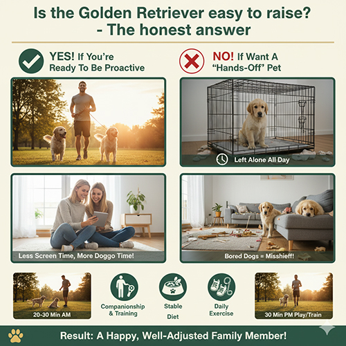 Infographic giải thích chó Golden Retriever có dễ nuôi không, so sánh nuôi chủ động và kiểu “nuôi để đó”