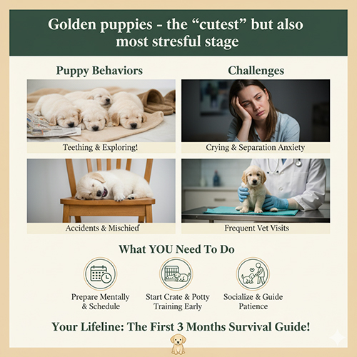 Golden con ngủ cạnh nhau, kèm infographic mô tả hành vi nghịch phá và khó khăn 3 tháng đầu