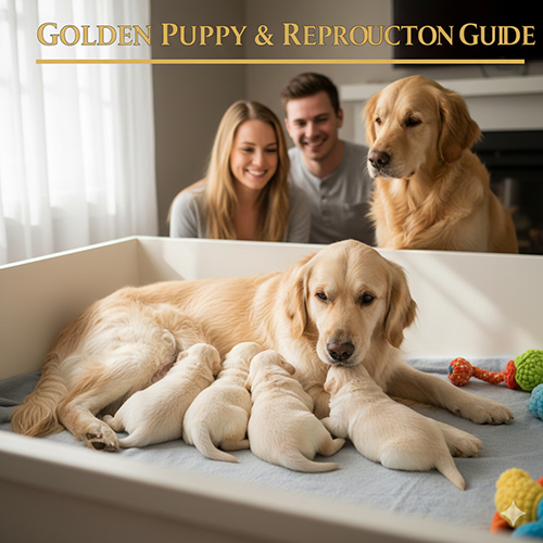 Chó Golden mẹ nằm cho đàn con bú, bên cạnh là chó bố và chủ – minh họa Golden con và sinh sản