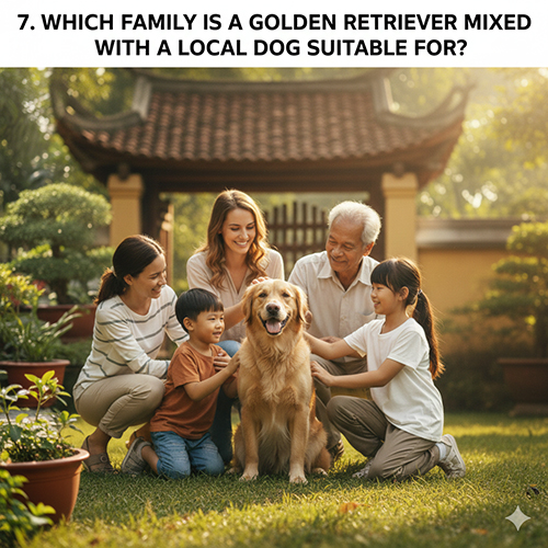 Gia đình nhiều thế hệ vuốt ve một chú Golden lai chó cỏ trong khu vườn