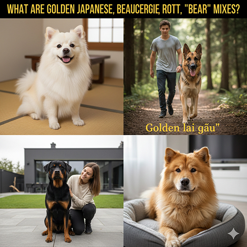 Ảnh minh họa các kiểu chó Golden lai Nhật, Golden lai Becgie, Golden lai Rottweiler và Golden lai “gấu” trong bài giải thích nhóm Golden lai đặc biệt
