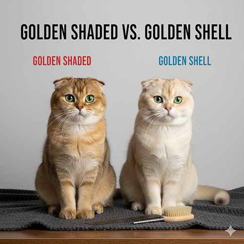 Hai mèo Scottish Fold tai cụp: golden shaded (tipping sâu) và golden shell (tipping mỏng) ngồi cạnh nhau trên nền xám, có lược chải.