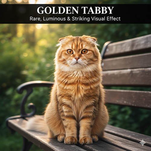 Mèo Scottish Fold golden tabby lông vàng óng ngồi trên ghế công viên dưới nắng nhẹ buổi chiều.