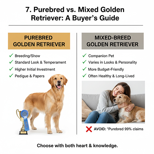 So sánh Golden Retriever thuần chủng và Golden lai từ góc nhìn người mua, minh họa chó Golden thuần dự thi dog show và Golden lai làm thú cưng gia đình