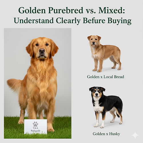 So sánh chó Golden Retriever thuần chủng và Golden lai với chó ta, Husky trên nền trắng xám 🐶