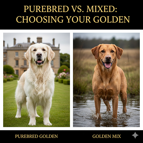 So sánh Golden thuần chủng và Golden lai – hình một Golden thuần và một Golden mix đứng ngoài trời