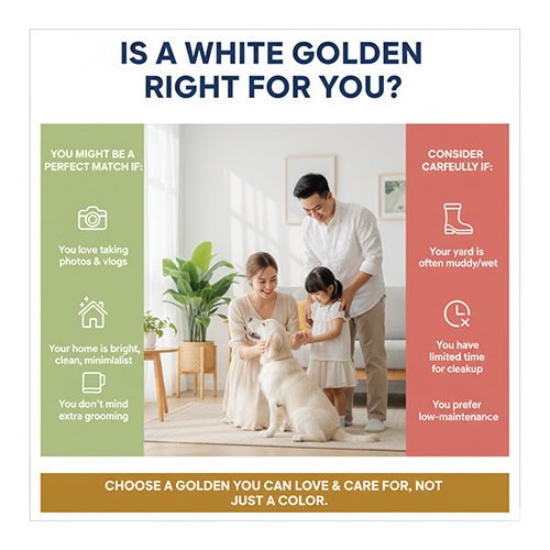 gia dinh voi vo chong va con nho dang cham mot chu Golden mau trang kem trong phong sang