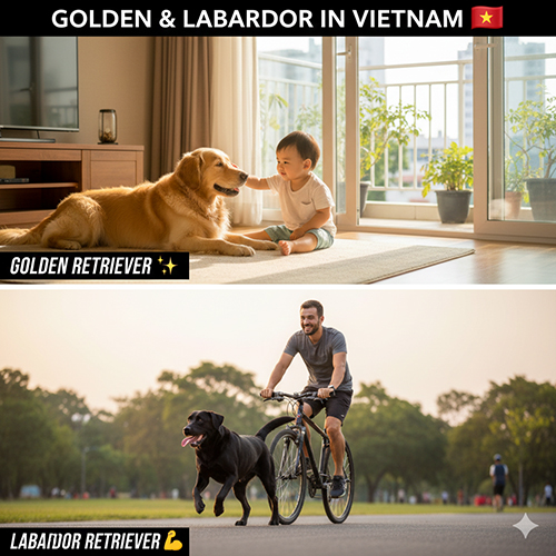Golden Retriever nằm trong nhà chơi với em bé và Labrador Retriever chạy theo xe đạp ngoài công viên